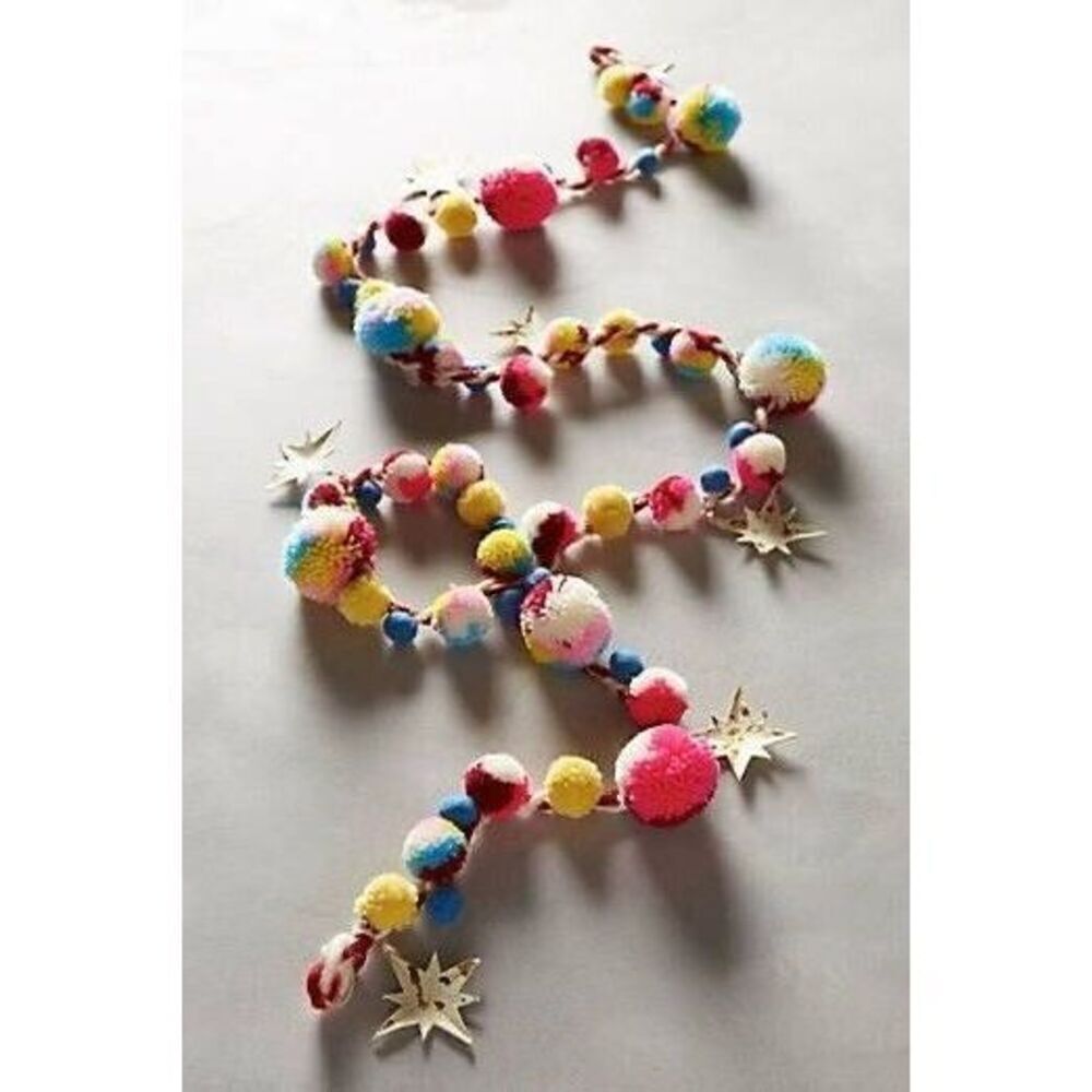 Anthropologie Wishing Star Garland Pom Pom Colorful Stars NEW